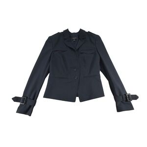Ann Taylor Cropped Trench Blazer Jacket Womens 4 Navy Blue Buckle Cuffs